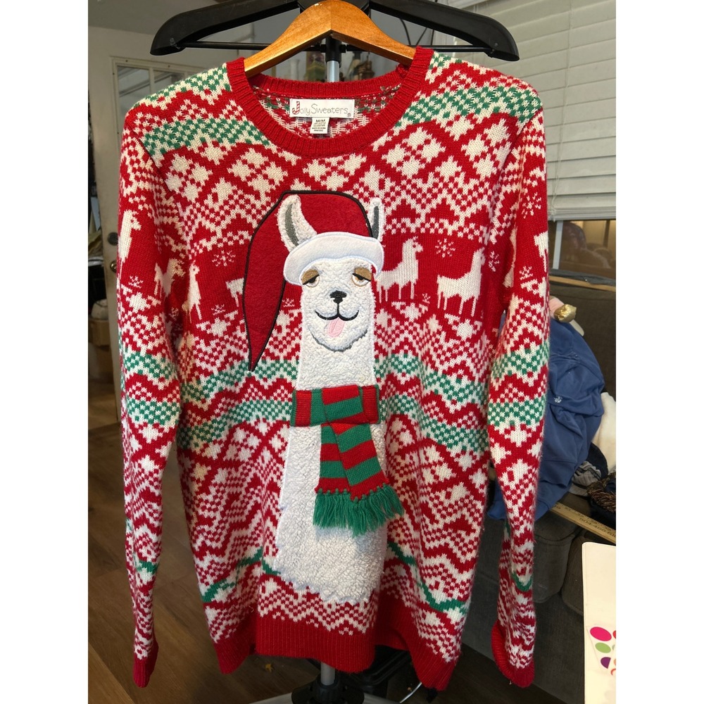 Jolly Sweaters Christmas Llama Fair Isle Sweater Red‎ Green White Mens Medium